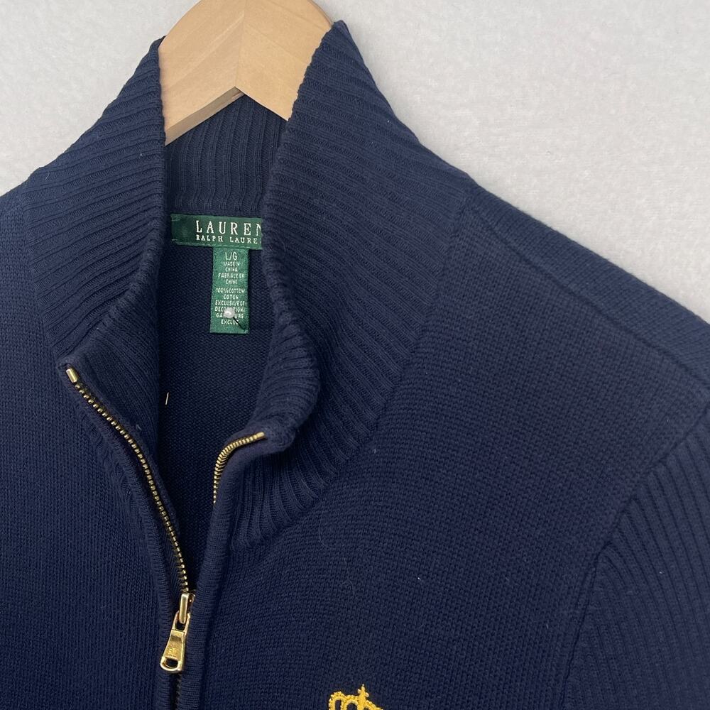 LAUREN RALPH LAUREN Sweater L LRL Monogram Crest Cardigan Full Zip Cotton Blue - Picture 6 of 11